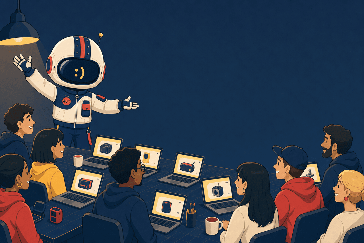 Frankie waving a small class in — eight to twelve builders around a long table, each laptop showing something they just shipped